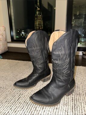 Black Leather Cowboy Boots with Embroidered Shaft